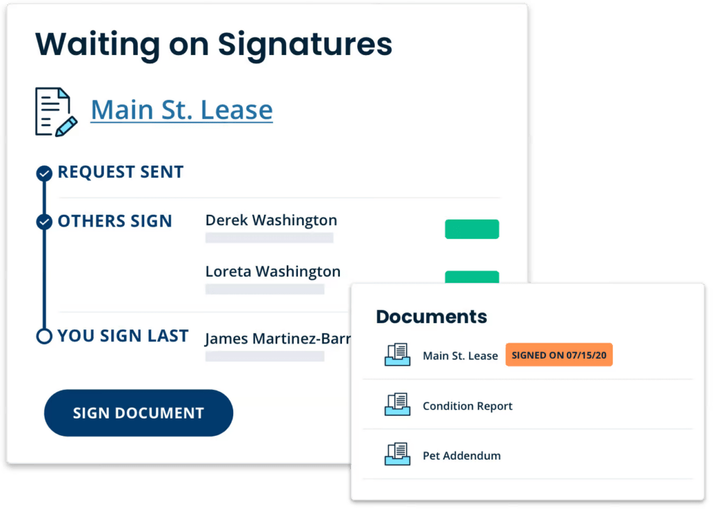 Digital renter documents with corresponding list of e-signatures for landlords with small businesses