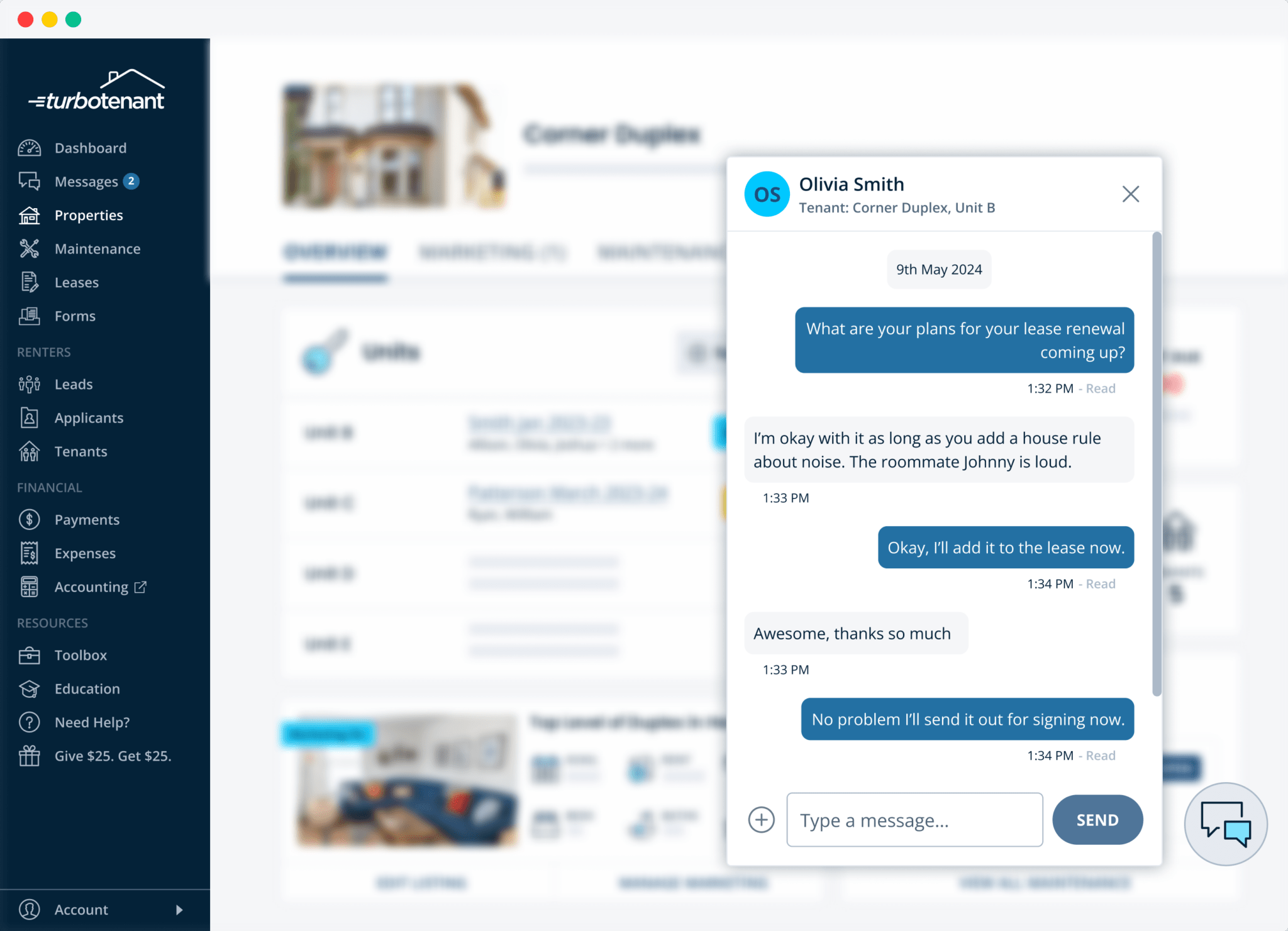 turbotenant ui dashboard with a renter chat over top of it