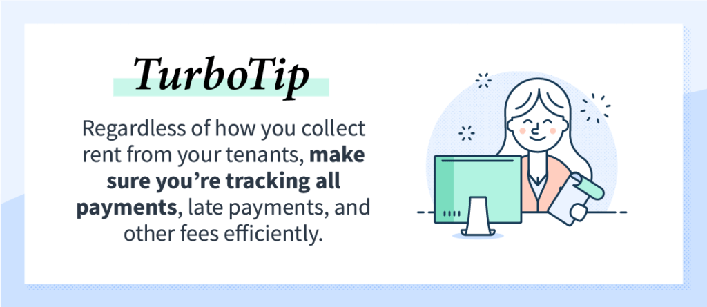 Colorful graphic titled "TurboTip" with subtext stating importance of tracking all rent payments