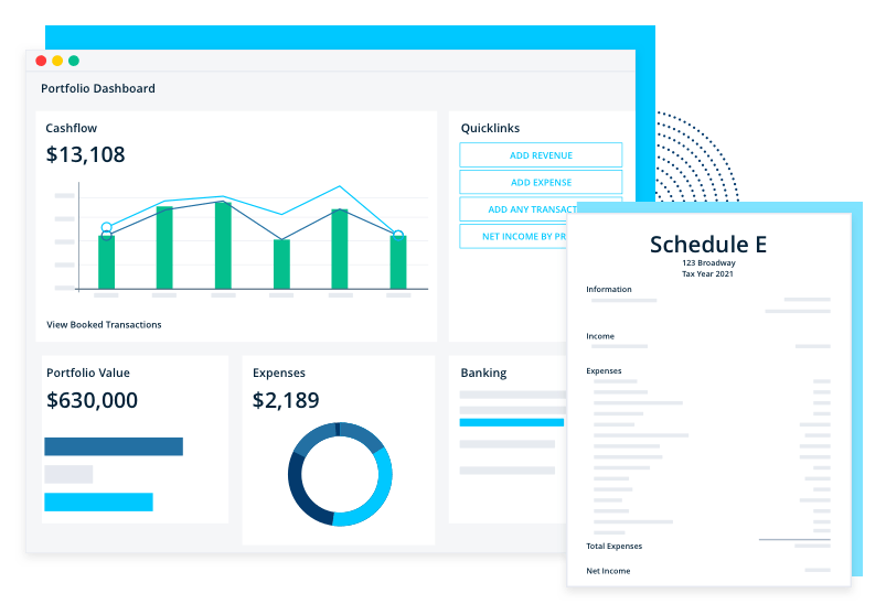 Image displays the dashboard and example Schedule E Report of REI Hub's rental accounting tool