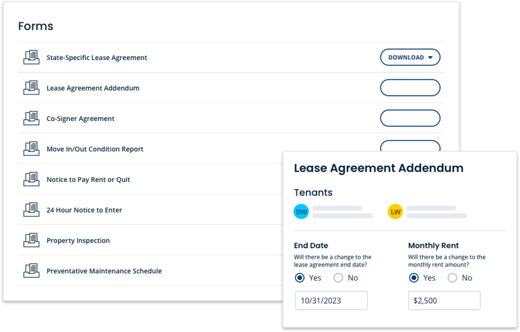 TurboTenant form options (state-specific lease agreement, lease agreement addendum, co-signer agreement, move in/out condition report, noticeto pay rent or quit, 24 hour notice to enter, property inspection, preventative maintenance schedule.)