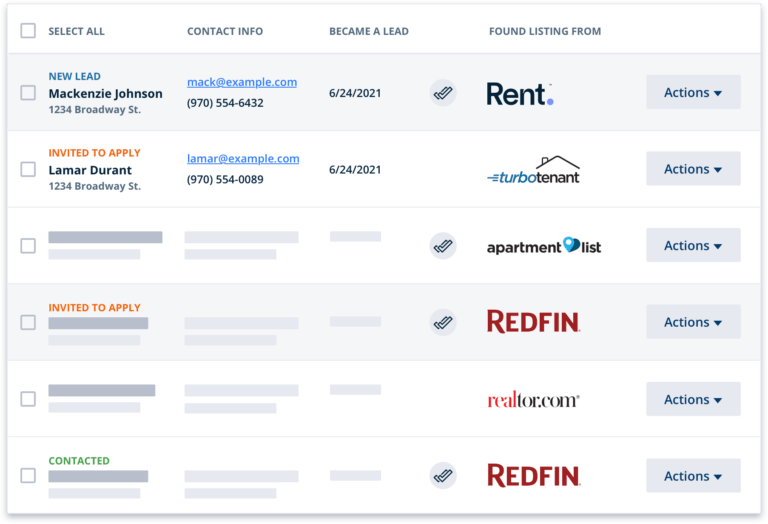 table / chart of leads including name, contact, date, website icon and button