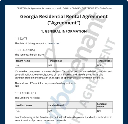 Watermarked sample of a TurboTenant Georgia lease agreement for use in standard, month-to-month, and room rental agreements.