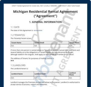 Watermarked Michigan Lease Agreement Sample that can be used for fixed-term, month-to-month, and room rental lease agreements