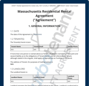 Watermarked sample of a TurboTenant Massachusetts residential lease agreement for standard and month to month tenancies