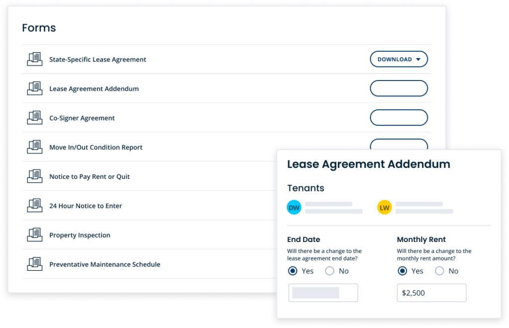 List of downloadable PDF rental forms including co-signer agreement, property inspection, preventative maintenance scheduling, and more