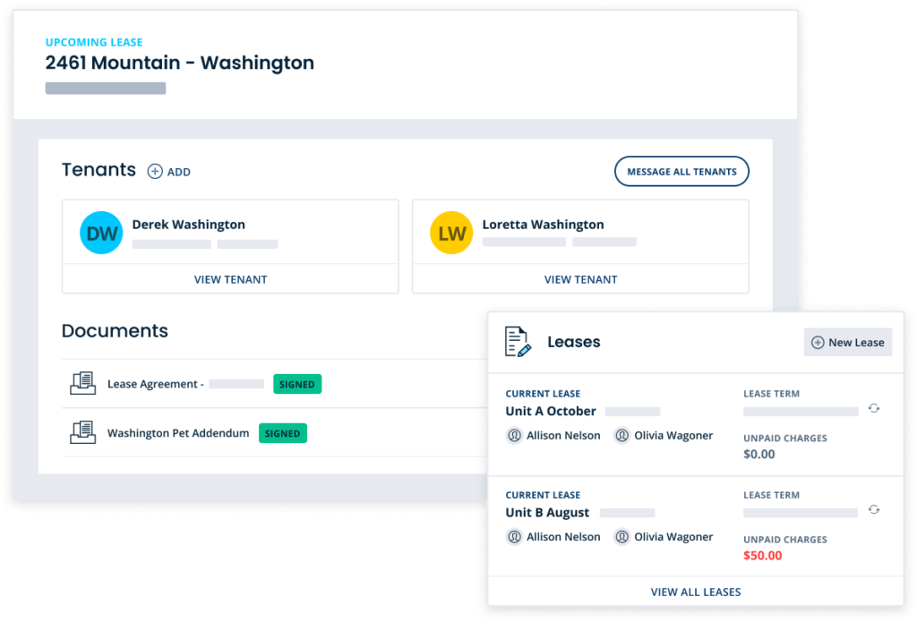 Online TurboTenant landlord account portal with renter listings, documents, agreements, and unpaid charges