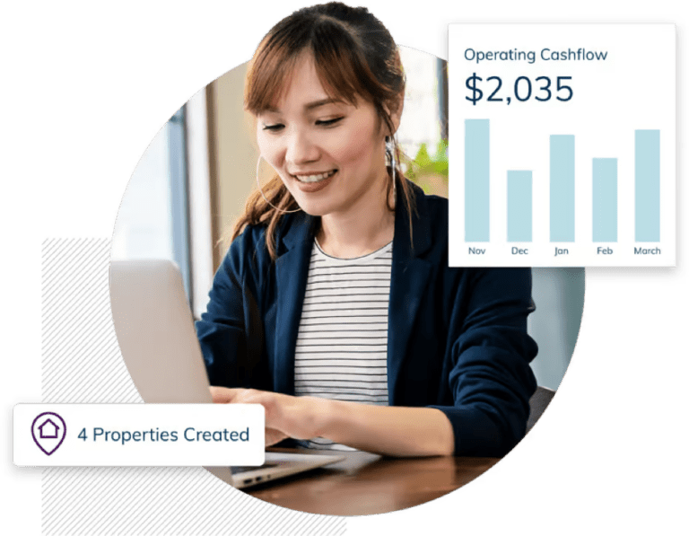 Woman on computer with Operating Cashflow bar graph and "4 Properties Created" text
