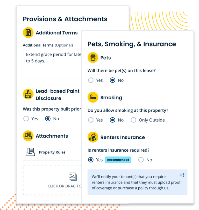 Customizable forms for creating a state-specific rental contract with questions about provisions, pets, smoking, and insurance