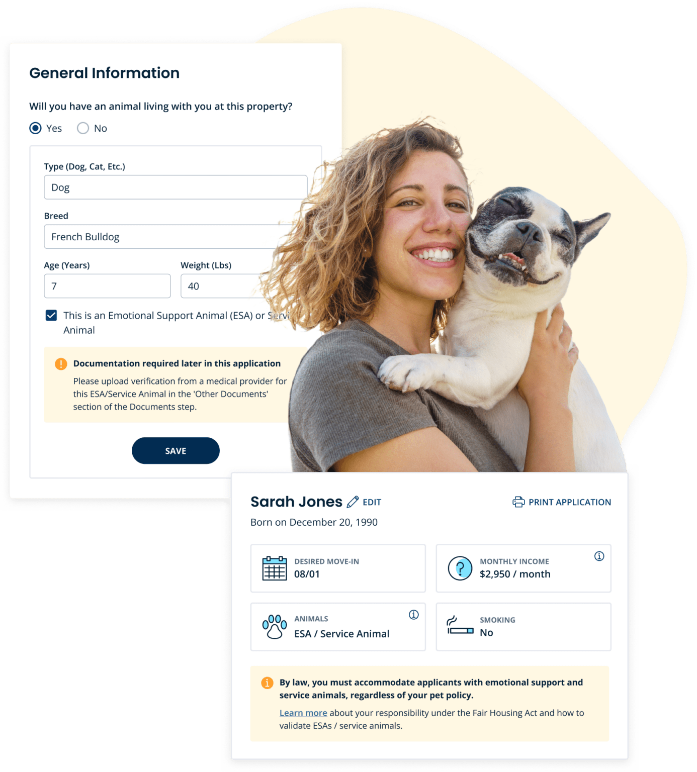 Woman and a dog with a pet, ESA, and service animal questionnaire