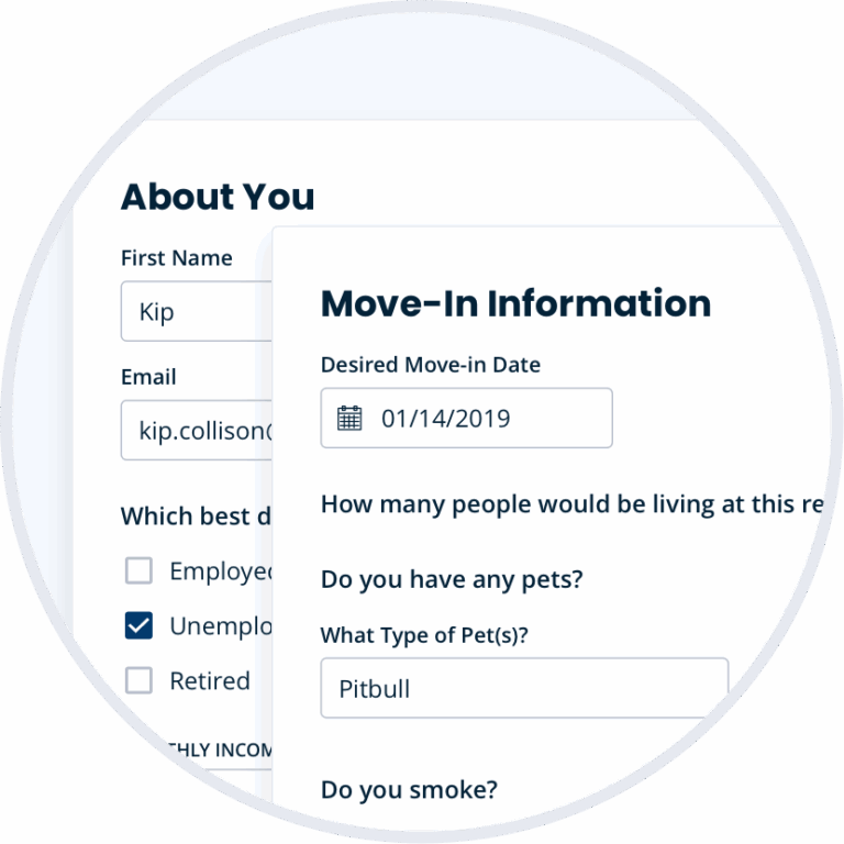 pre-screener questions screenshot: asking about move-in date, pet, if they smoke, employment, contact info, etc.