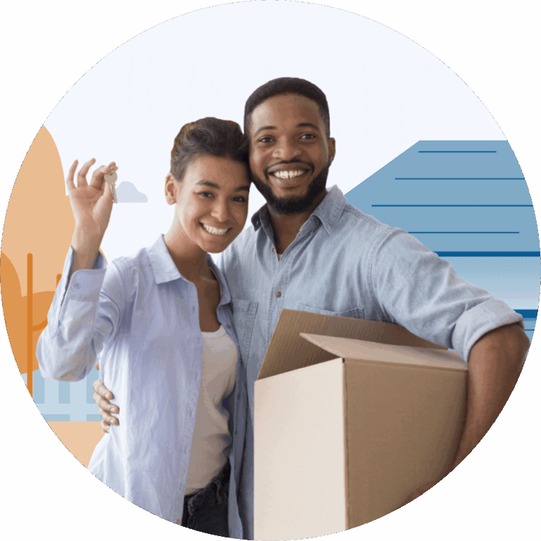 Two smiling tenants with a moving box