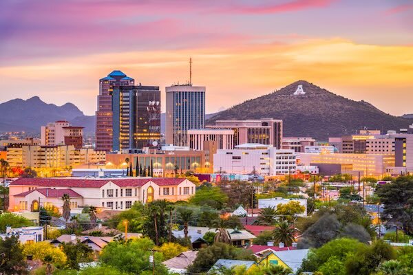 Tucson, Arizona, USA downtown skyline with Sentinel Peak at dusk. (Mountaintop "A" for "Arizona")