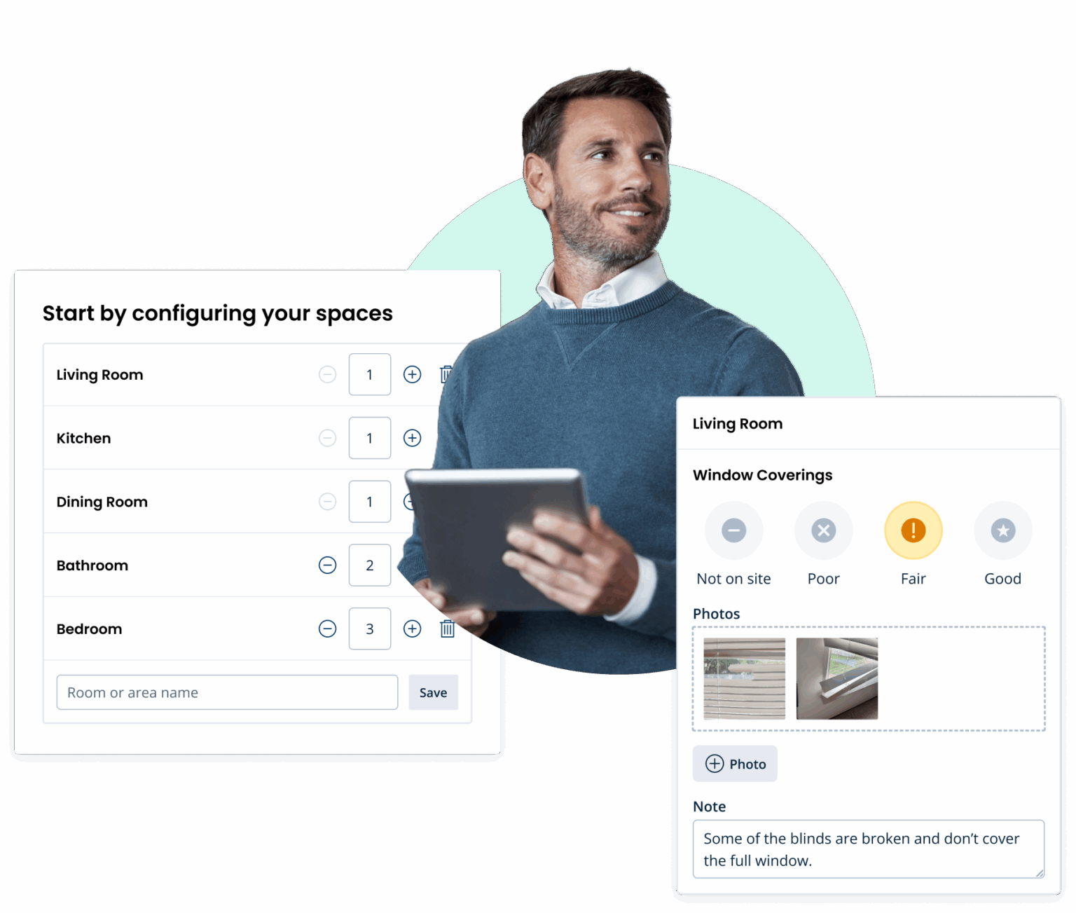 Man holding a tablet with condition report user interface screens floating around him