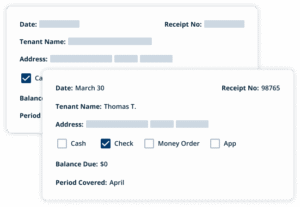 digital rent receipt mockup showing tenant name, date, payment method, balance due, and period covered