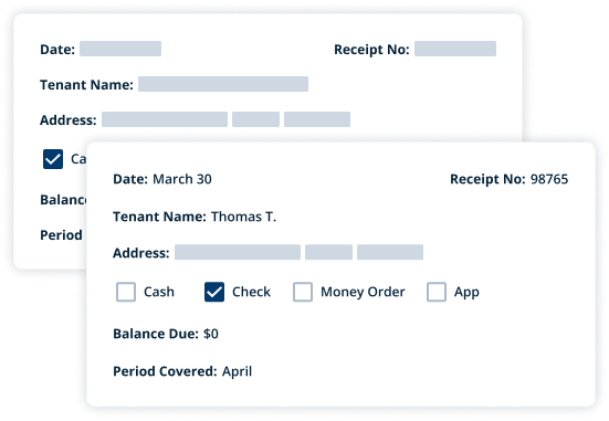 digital rent receipt mockup showing tenant name, date, payment method, balance due, and period covered