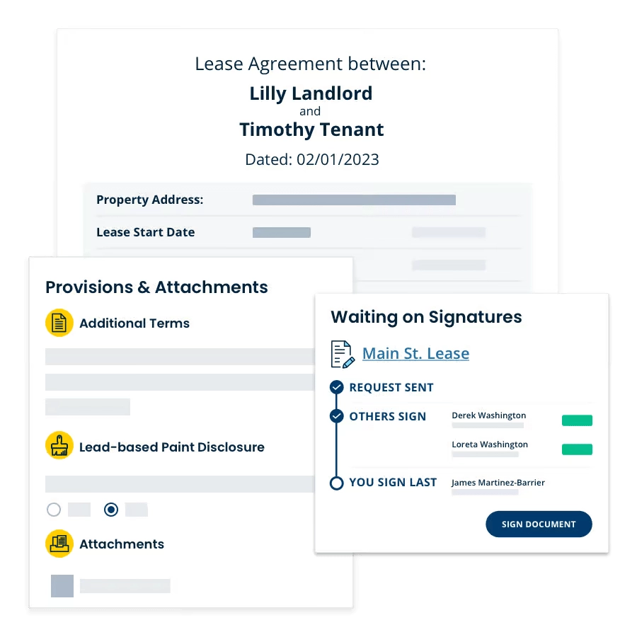 Digital landlord and tenant lease agreement with terms, disclosures, attachments, and e-signatures