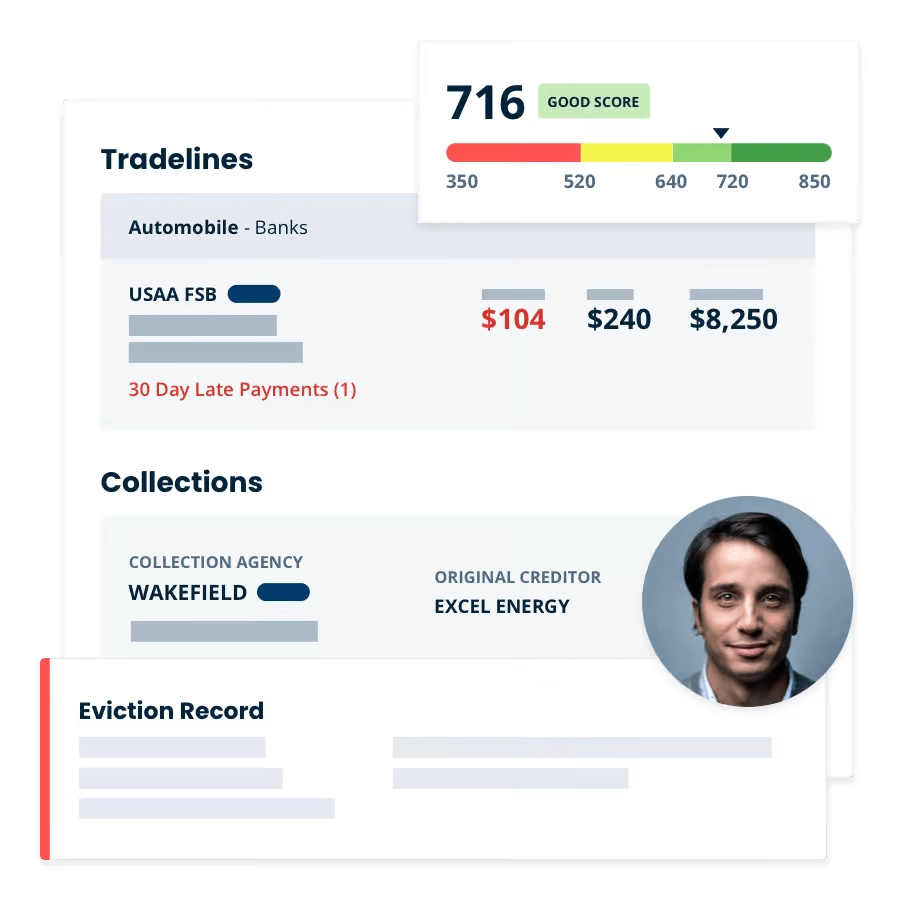 Automated tenant screening report with credit score, bank information, collections details, and eviction record
