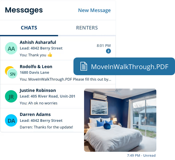 Messaging portal between renters and property managers with chat history and uploaded property photo attachments