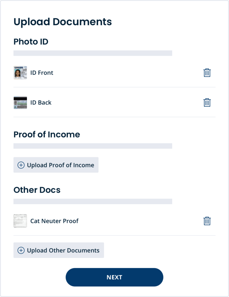 Online dashboard to upload verification documents like ID, proof of income, and more