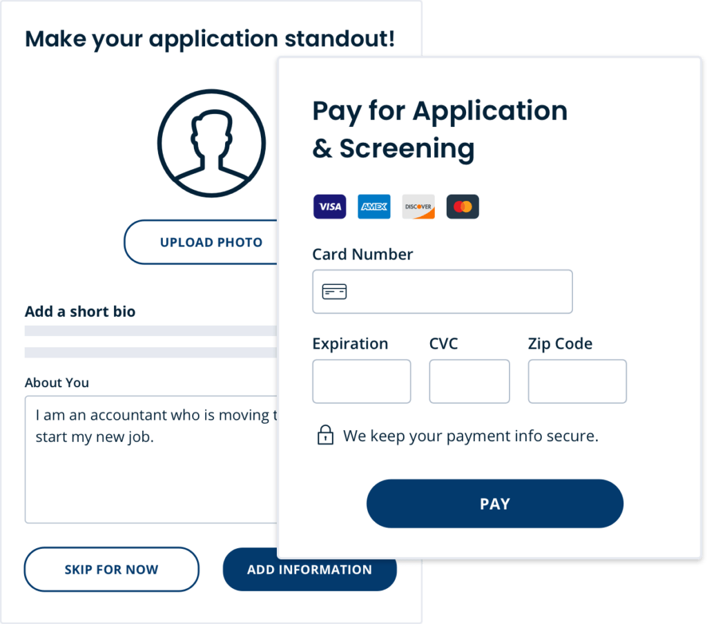 Payment screen for tenant-paid apply process