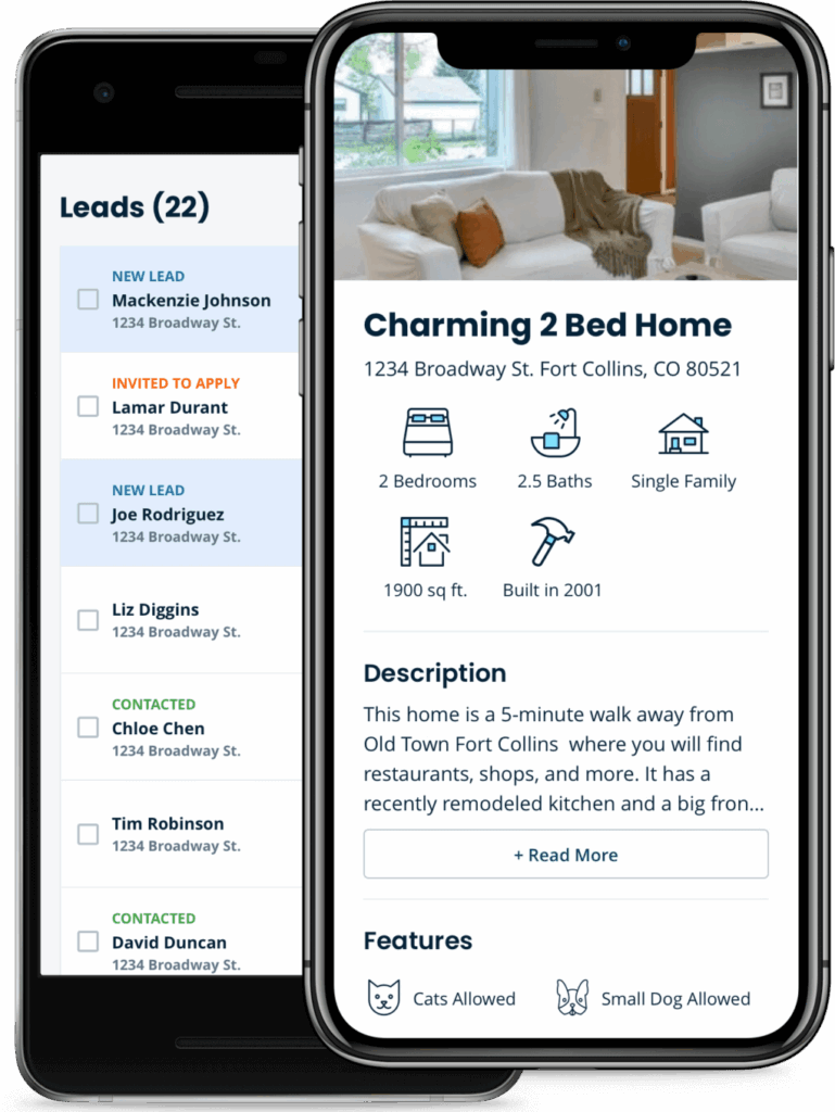 Property management mobile app with list of 22 leads