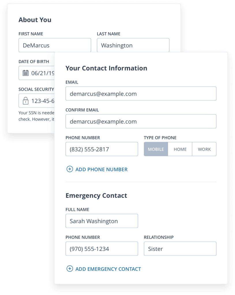 Form for collecting applicant information, including name, date of birth, SSN, phone number, and more