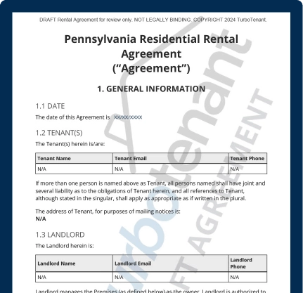 Watermarked TurboTenant Pennsylvania Lease Agreement for fixed-term, month-to-month, and room rental agreements
