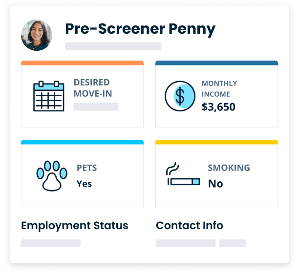 Online portal with pre-screener information, including desired move-in date, monthly income, pet information, and smoking status