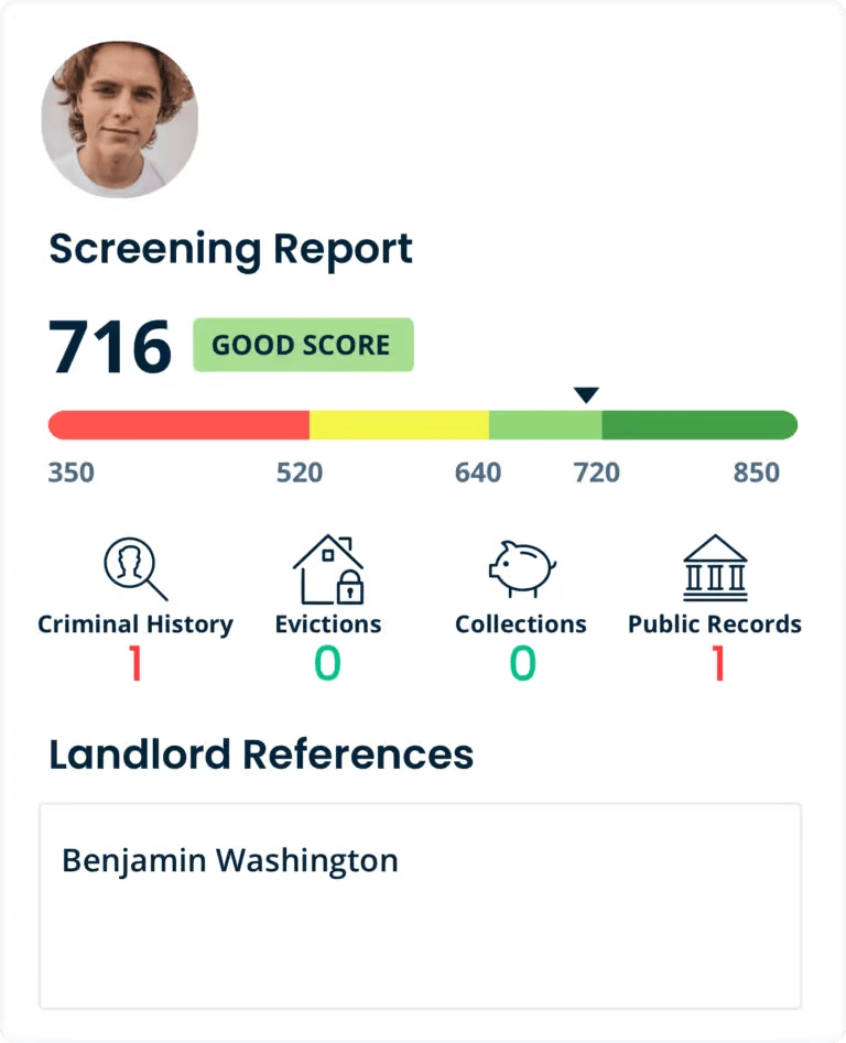Mock tenant screening review for Benjamin Washington with a 716 credit score, one criminal history listing, and one public record listing