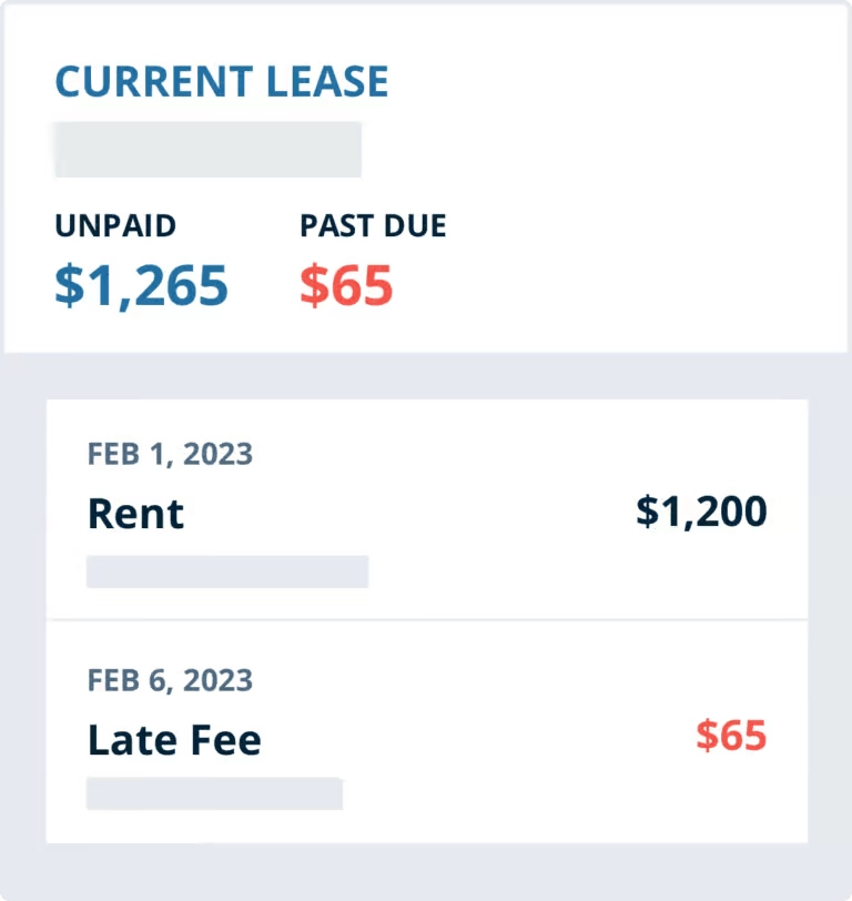 Rent tracking software reporting $1,265 in unpaid rent and $65 of late fees