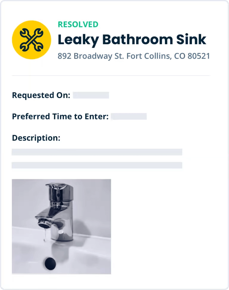 Resolved digital maintenance request for a tenant’s leaky sink