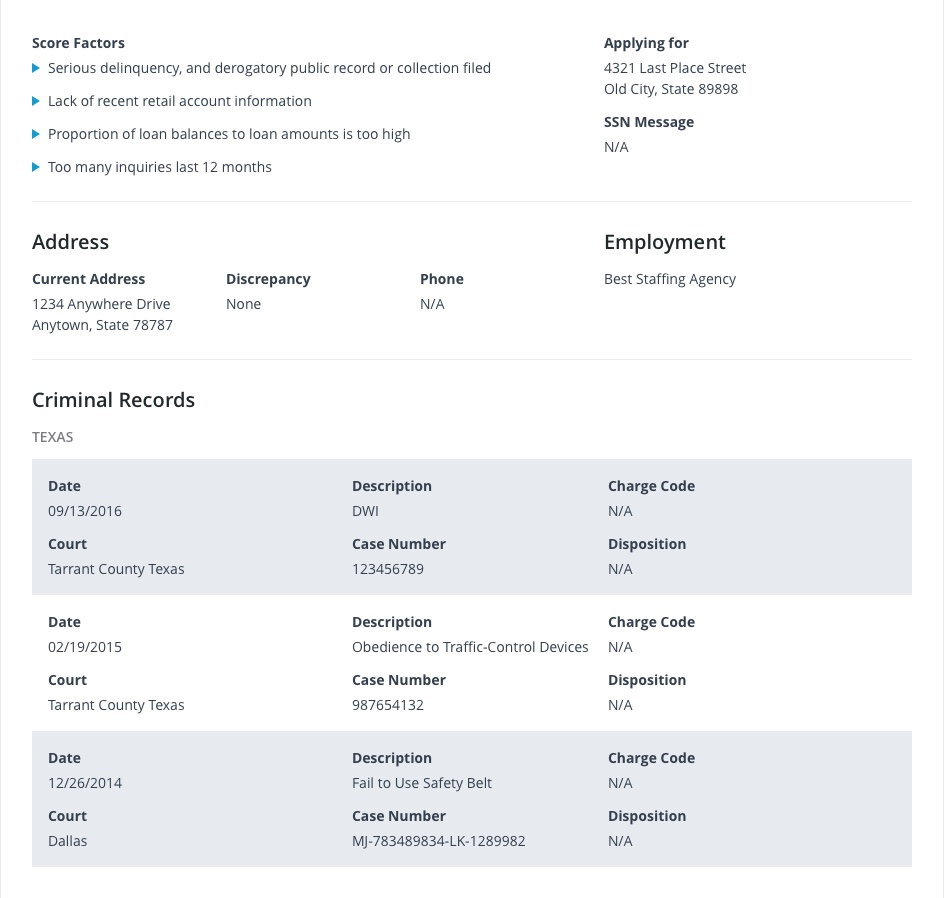 Score factors and criminal records on tenant screening report