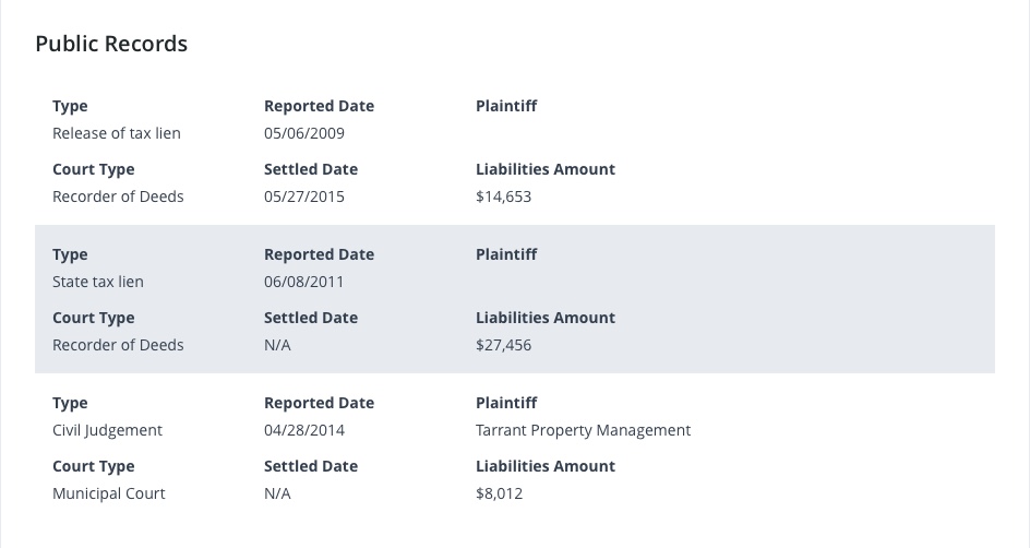 Public records on tenant screening report