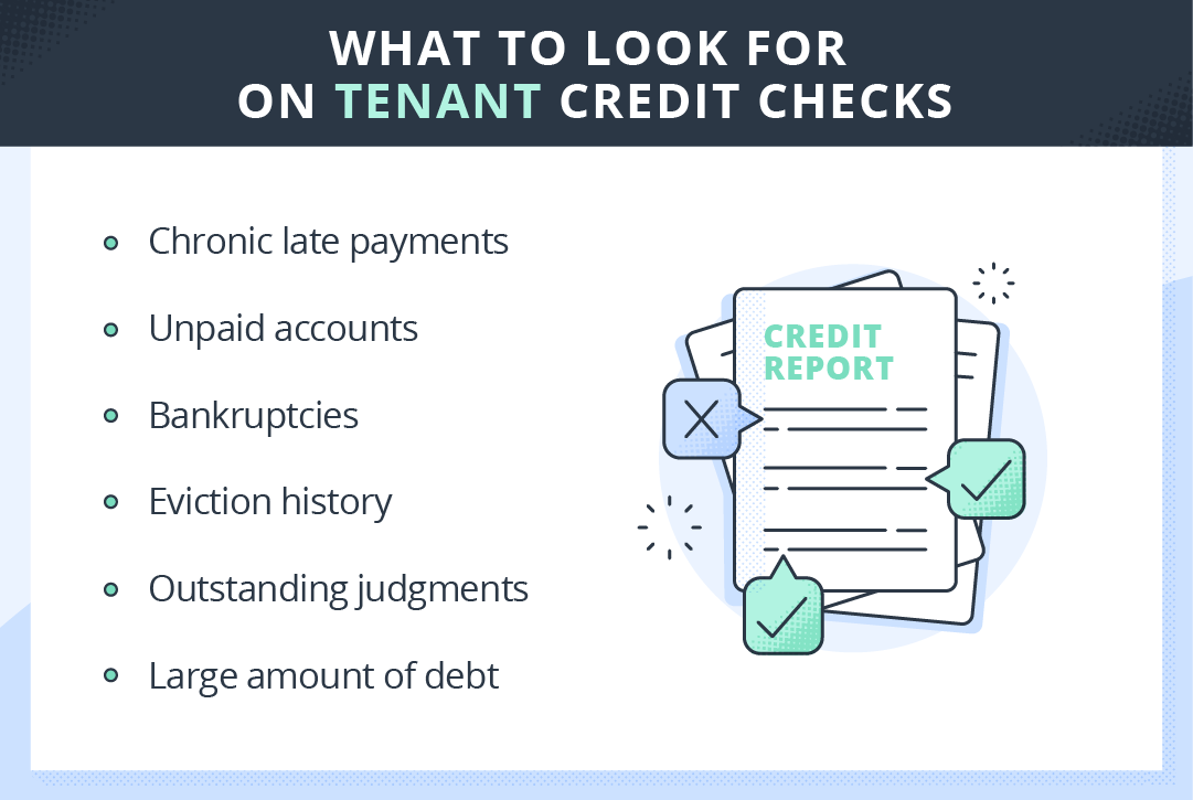 When reviewing a tenant credit check, look for chronic late payments, unpaid accounts, bankruptcies, eviction histories, outstanding judgments, and large amounts of debt.