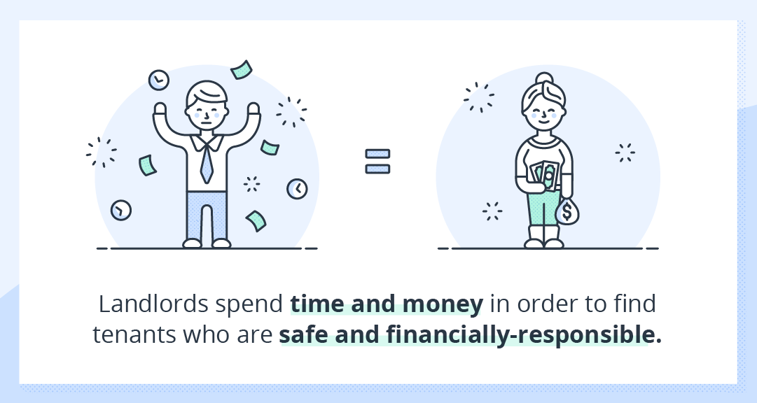 illustration of landlord throwing money and financially responsible tenant. Landlords spend time and money in order to find tenants who are safe and financially responsible through the rental application credit check.