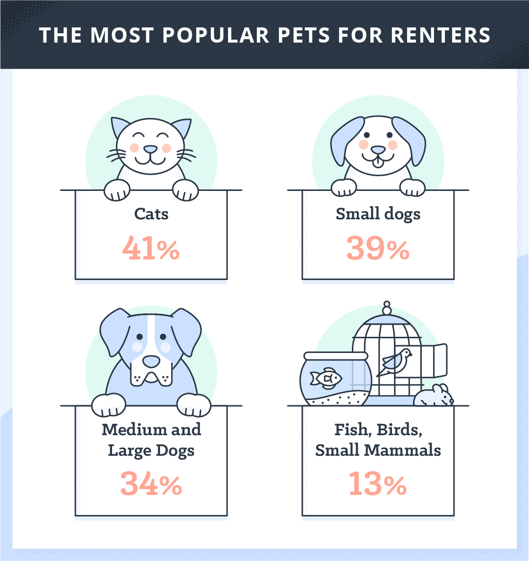 percentages of most popular pets for renters with pet illustrations