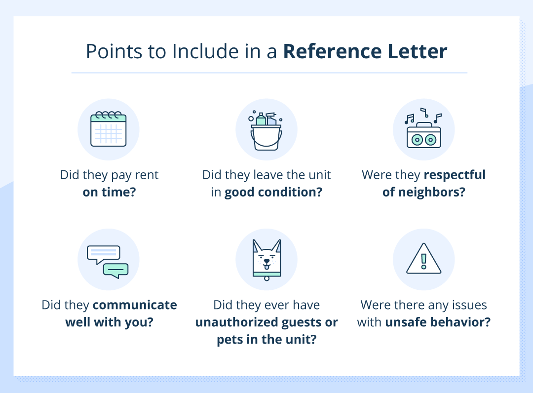 illustrated icons of points to include in a landlord reference letter
