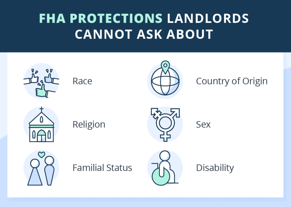 Fair Housing Act protects applicants from being asked their race, national origin, religion, sex, disability, and family status.