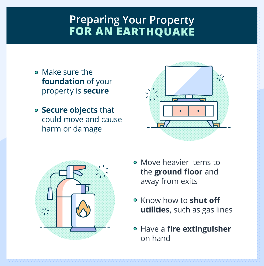 Preparing your property for an earthquake: make sure the foundation of your property is secure; secure objects that could move and cause harm or damage; move heavier items to the ground floor, away from the exits; know how to shut off utilities, such as gas lines; have a fire extinguisher on hand.