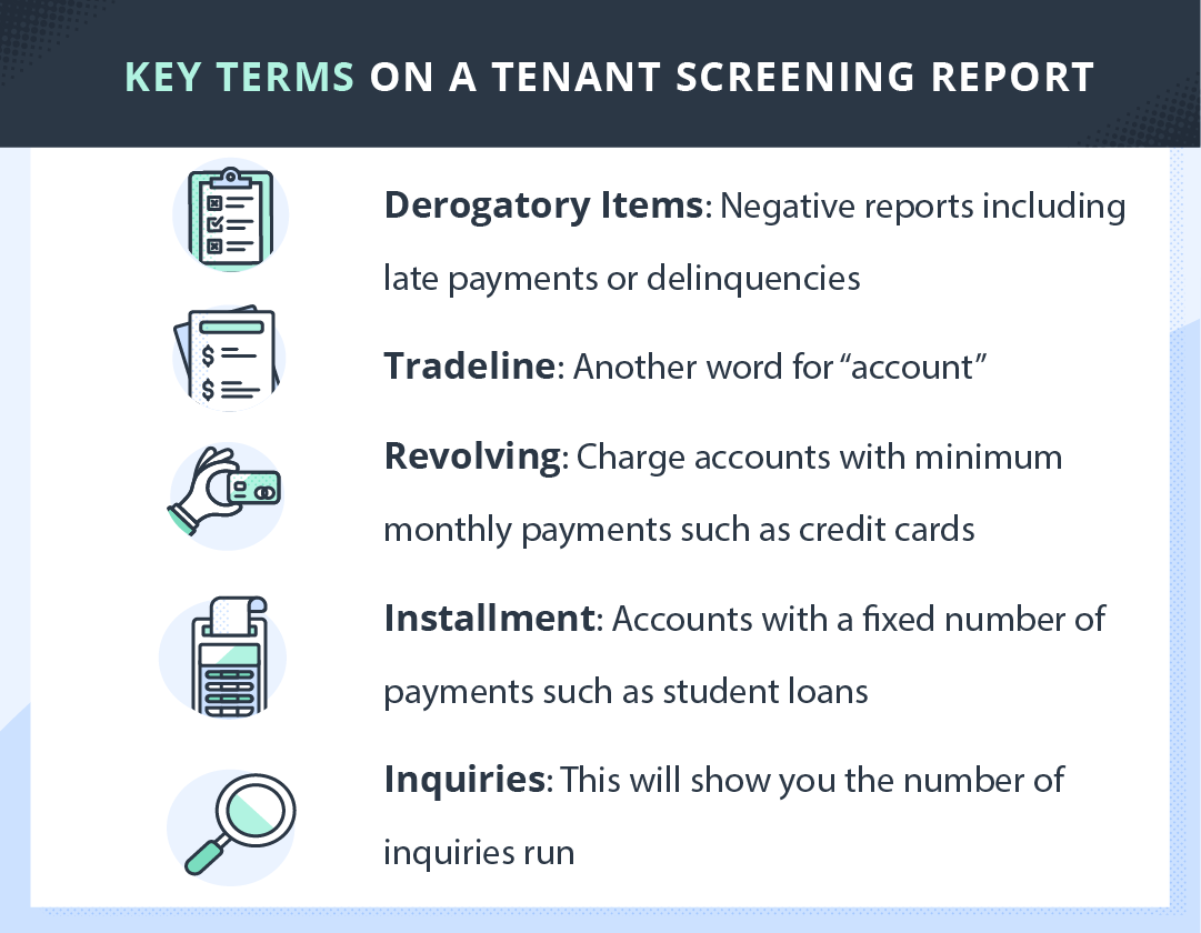 Key terms on a tenant screening report, including: derogatory items, tradeline, revolving accounts, installment, and inquiries.