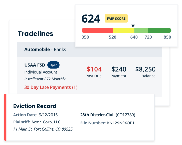 credit score, eviction records, and tradelines summary in screening report