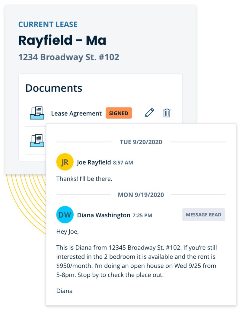 shows lease documents and messaging screenshot