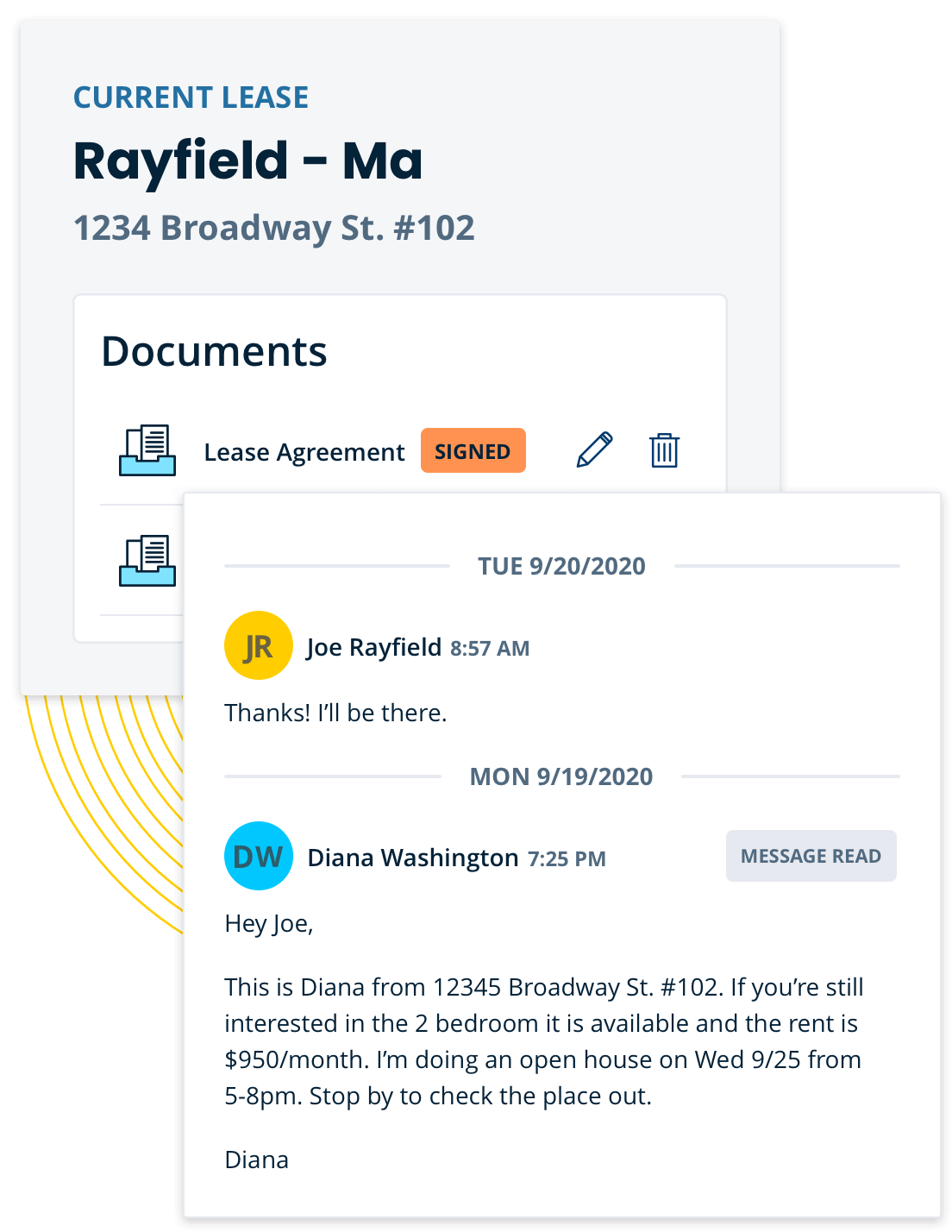 shows lease documents and messaging screenshot