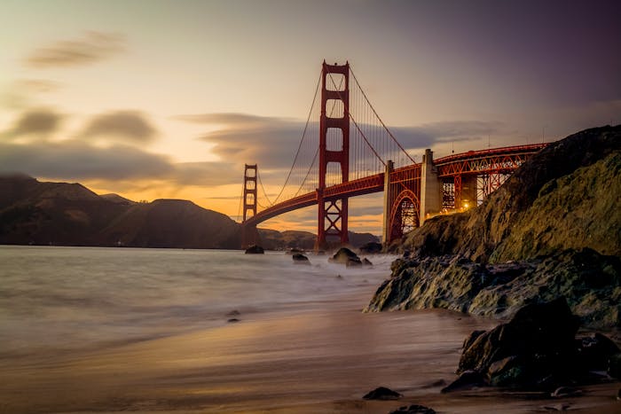 View of the golden gate in San Francisco, California bridge from the shoreline