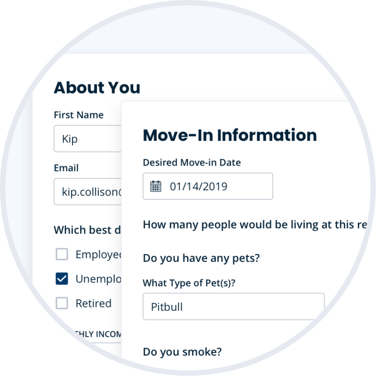 pre-screener questions screenshot: asking about move-in date, pet, if they smoke, employment, contact info, etc.