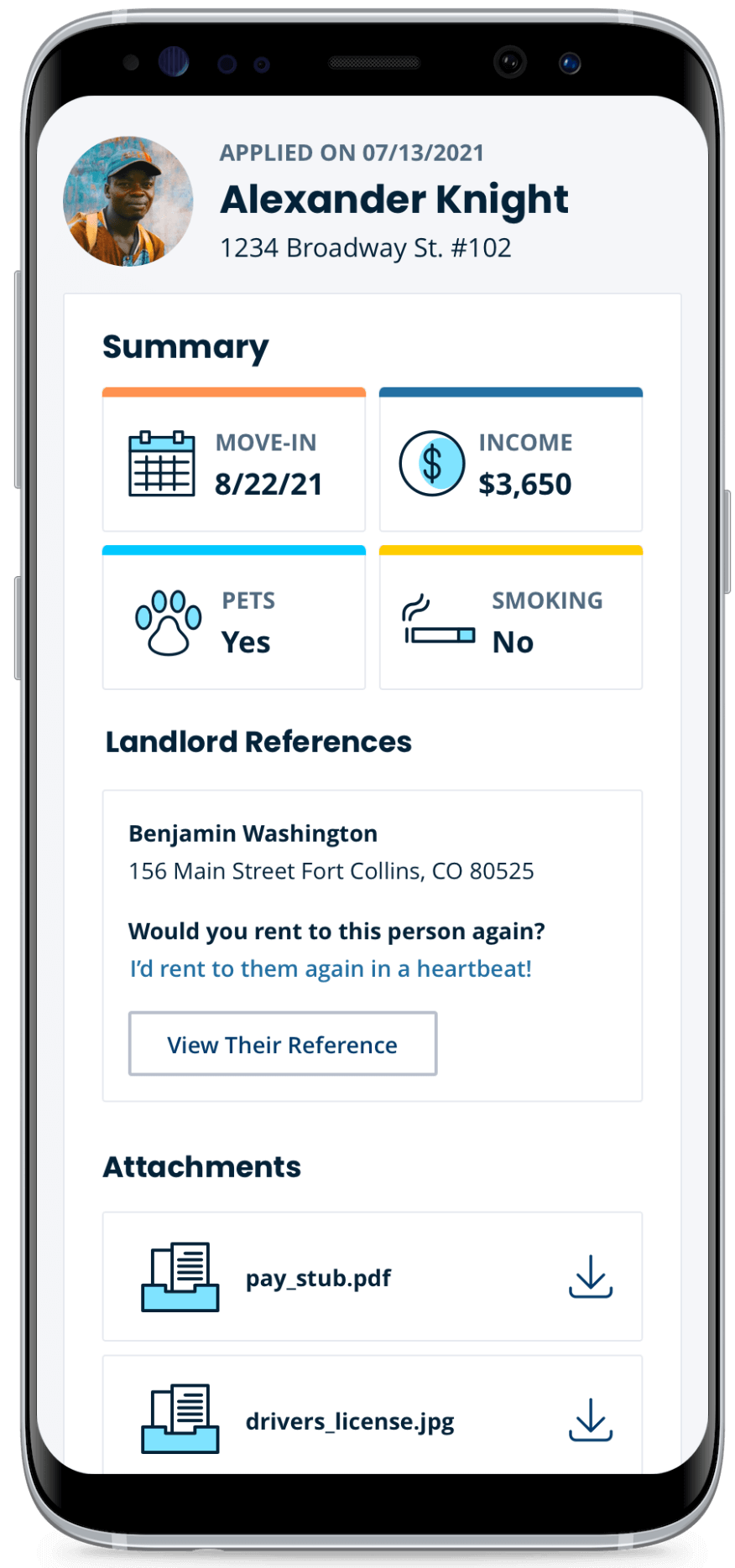 rental application summary mobile phone screenshot