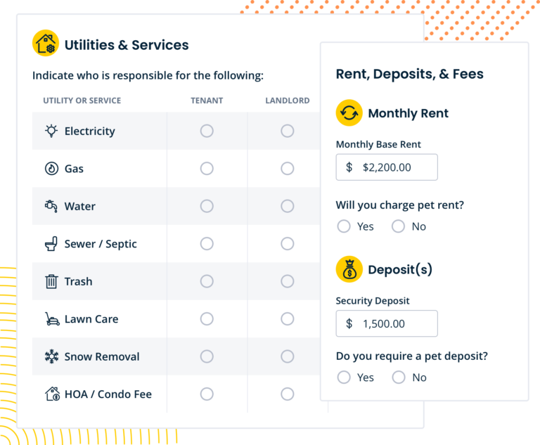 screenshot of lease agreement forms for utilities and services and rent, deposit, and fees