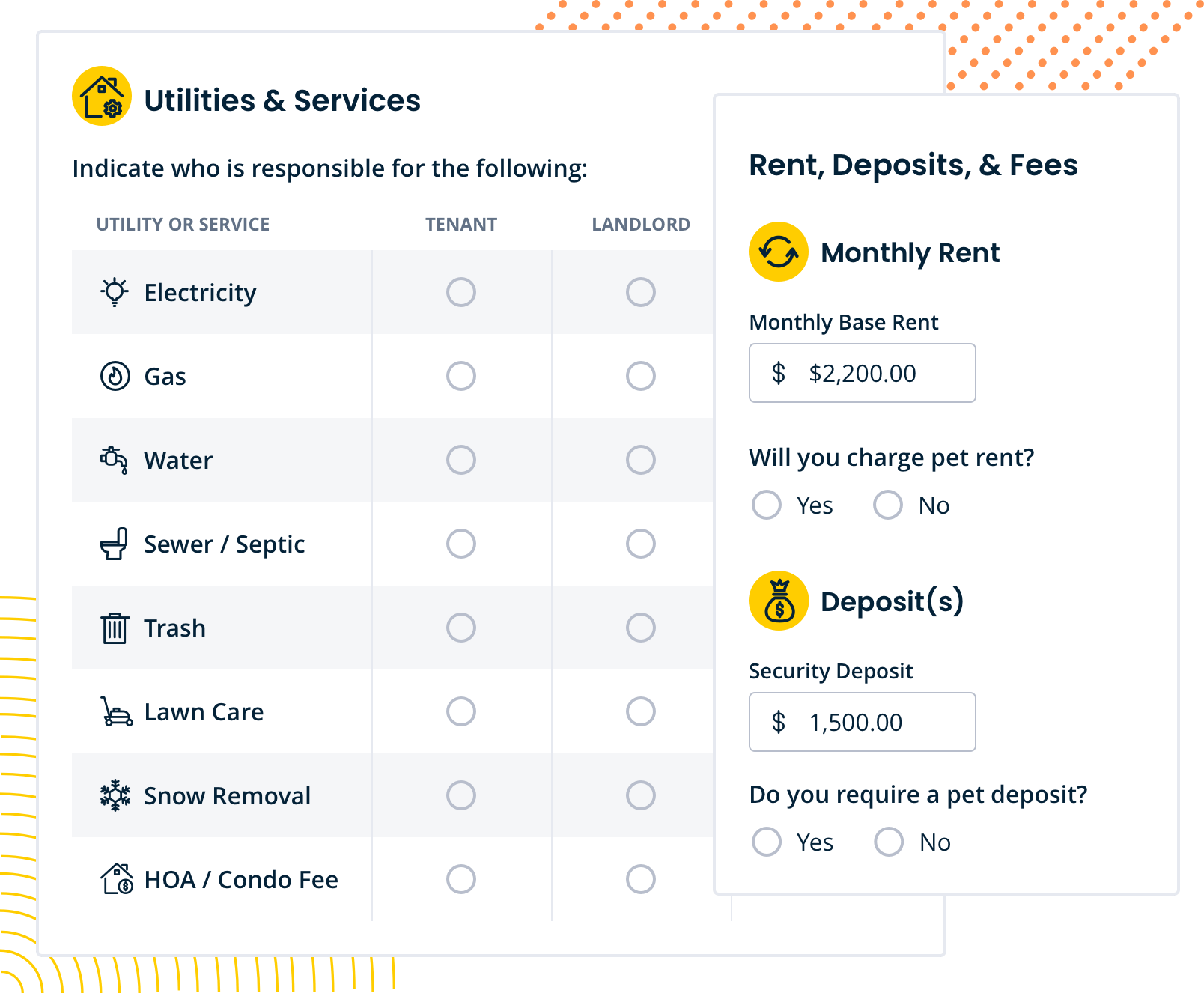 screenshot of lease agreement forms for utilities and services and rent, deposit, and fees