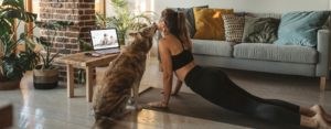 Woman doing yoga with dog and computer